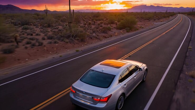 Conduciendo un sedán plateado por el carril derecho de una autopista árida hacia el atardecer, reflejándose en el techo solar, espacio para texto.