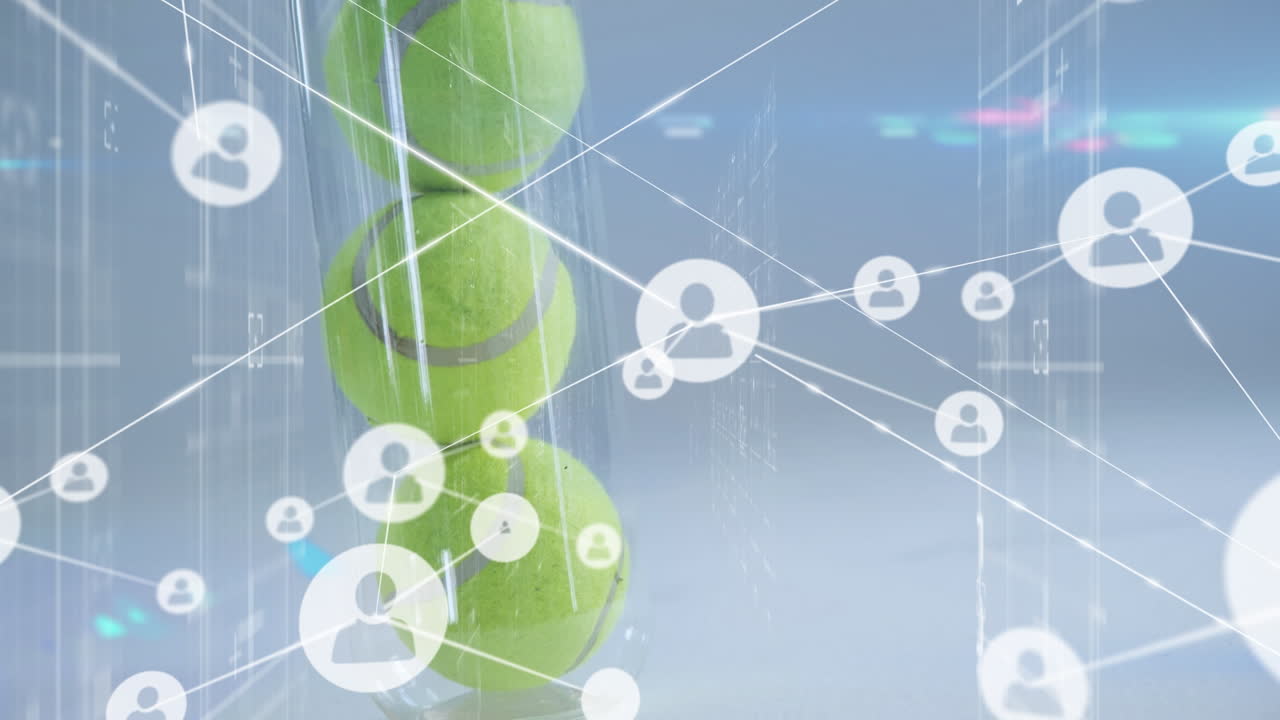 테니스 공 위의 아이콘으로 연결된 네트워크의 애니메이션