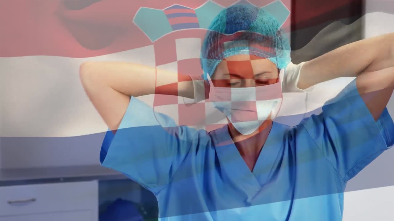 수술을 준비하는 외과 의사가 크로아티아 국기를 흔들고 있는 애니메이션