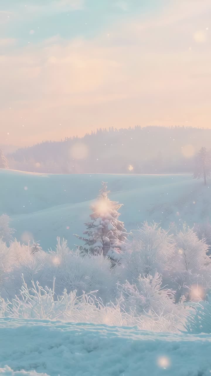 Vertical video: Sunrise warming lone conifer standing amid shrubs in field, with drifting flakes
