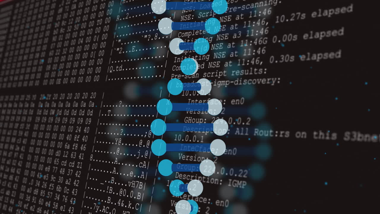 DNA strand and binary coding, scientific data processing animation