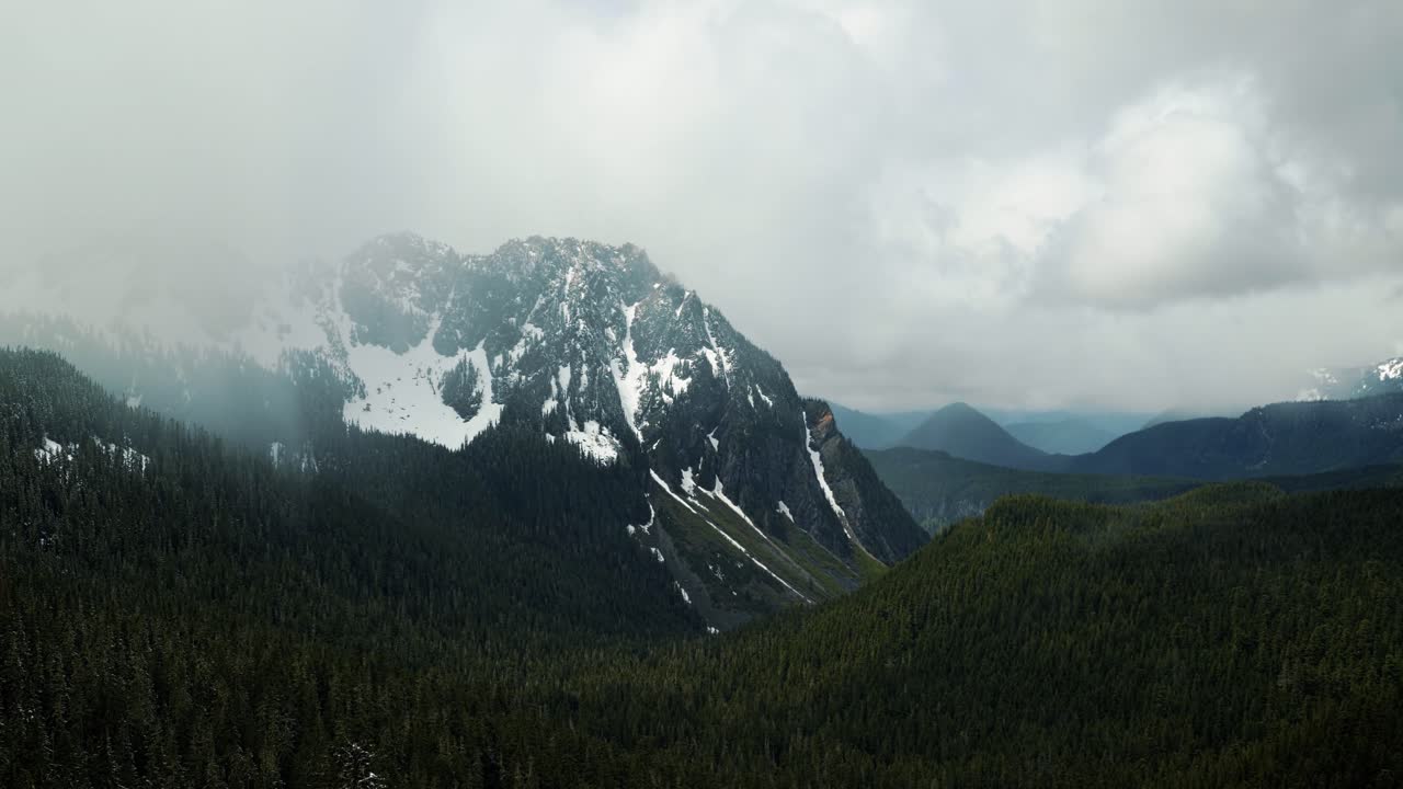Stunning large snowy rugged mountain peak with a large pine tree forest below inside of the Mt