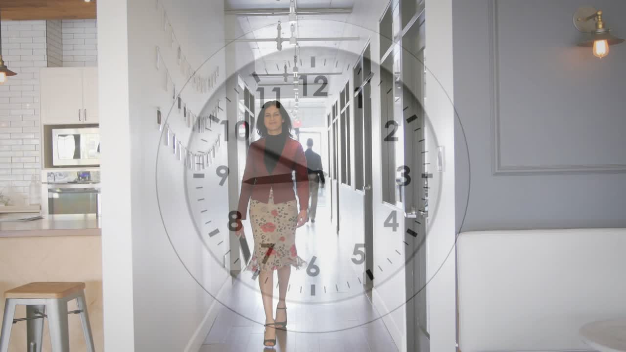 Man entering office under animated clock as woman with tablet nearing him showing elapsed time