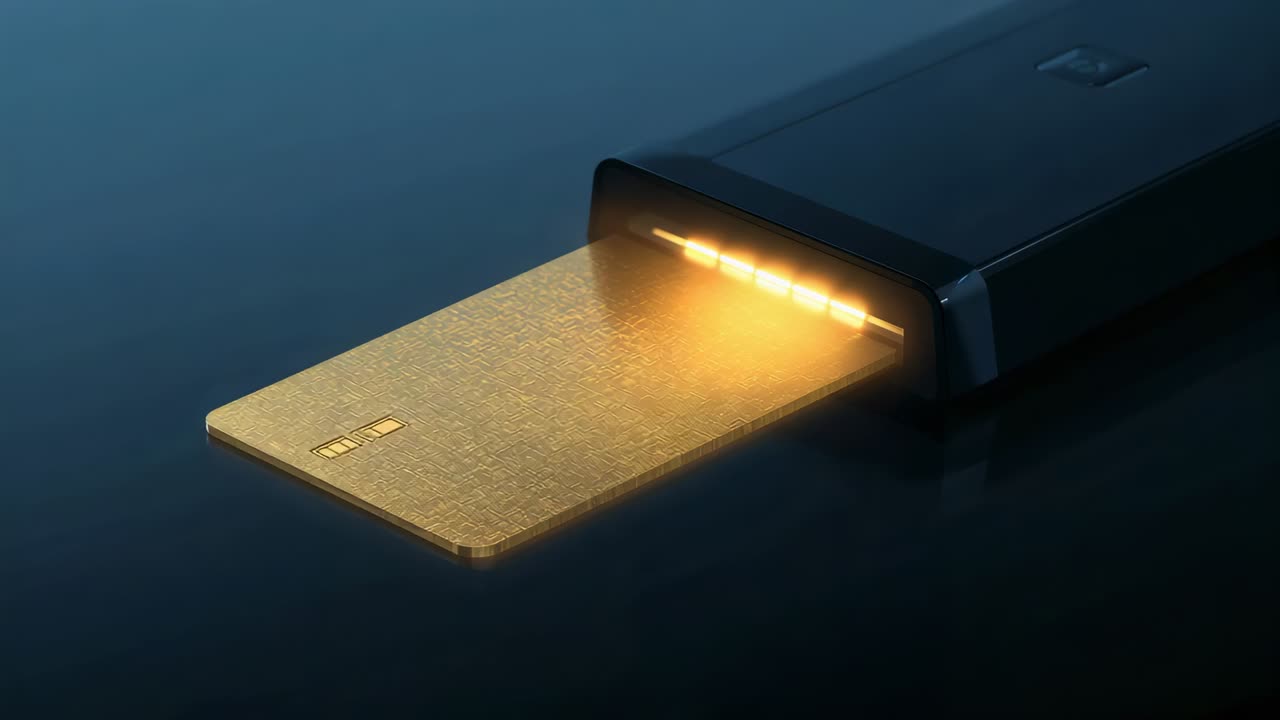 Sliding metallic gold card advancing from slim reader on glossy tabletop, LEDs activating to eject