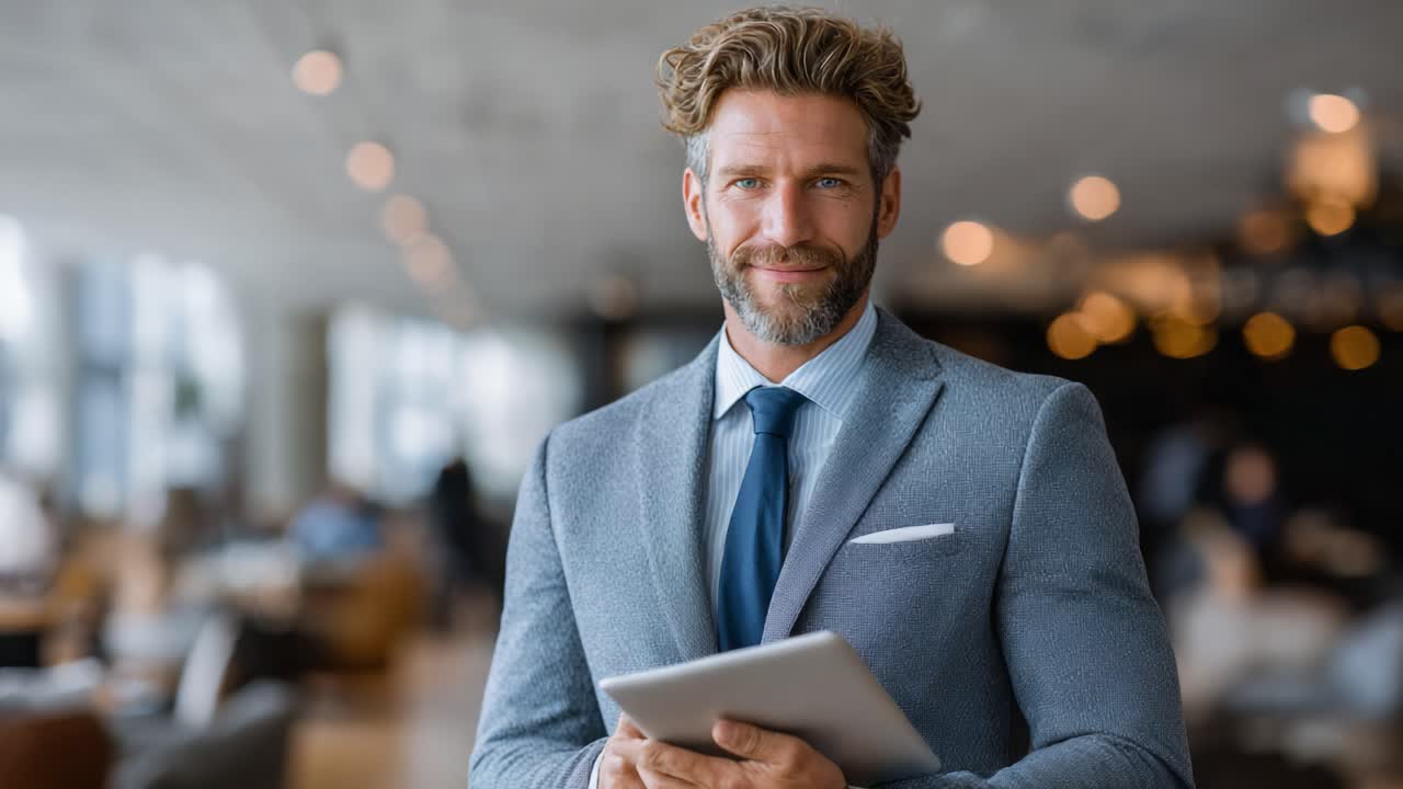 Confident Business Professional Standing in Modern Office Environment, Holding Tablet, and Smiling at Camera Showcasing Leadership and Approachability