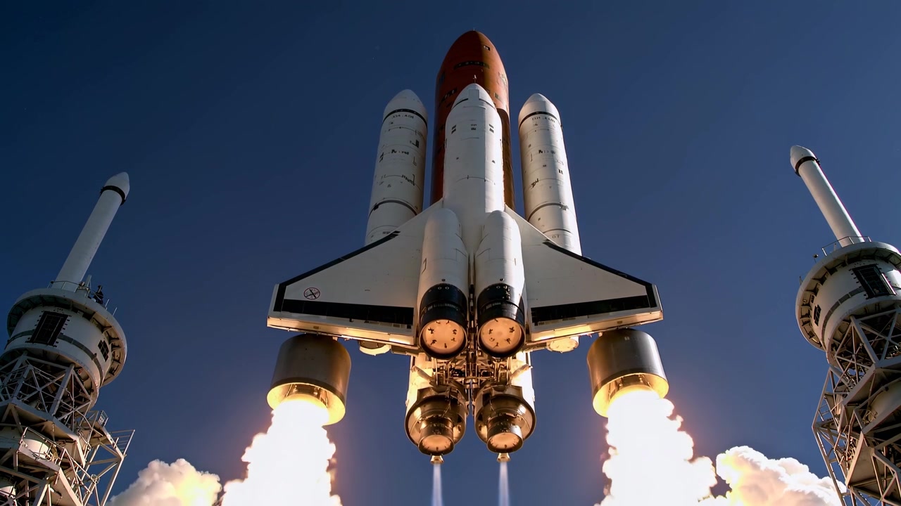 Navetta spaziale in fase di lancio con potenti scarichi del motore contro il cielo blu