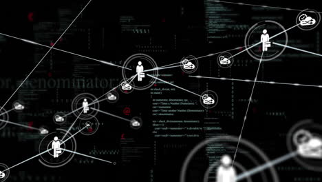 animation of network of connections with icons over data processing on black background