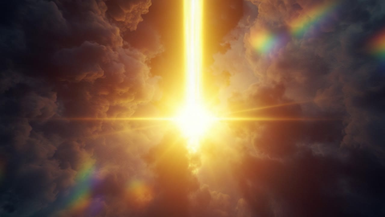 A Radiant Burst of Light Illuminates the Darkened Sky, Creating a Majestic Contrast Between Clouds and the Vibrant Sunbeam Breaking Through, Symbolizing Hope and Transformation