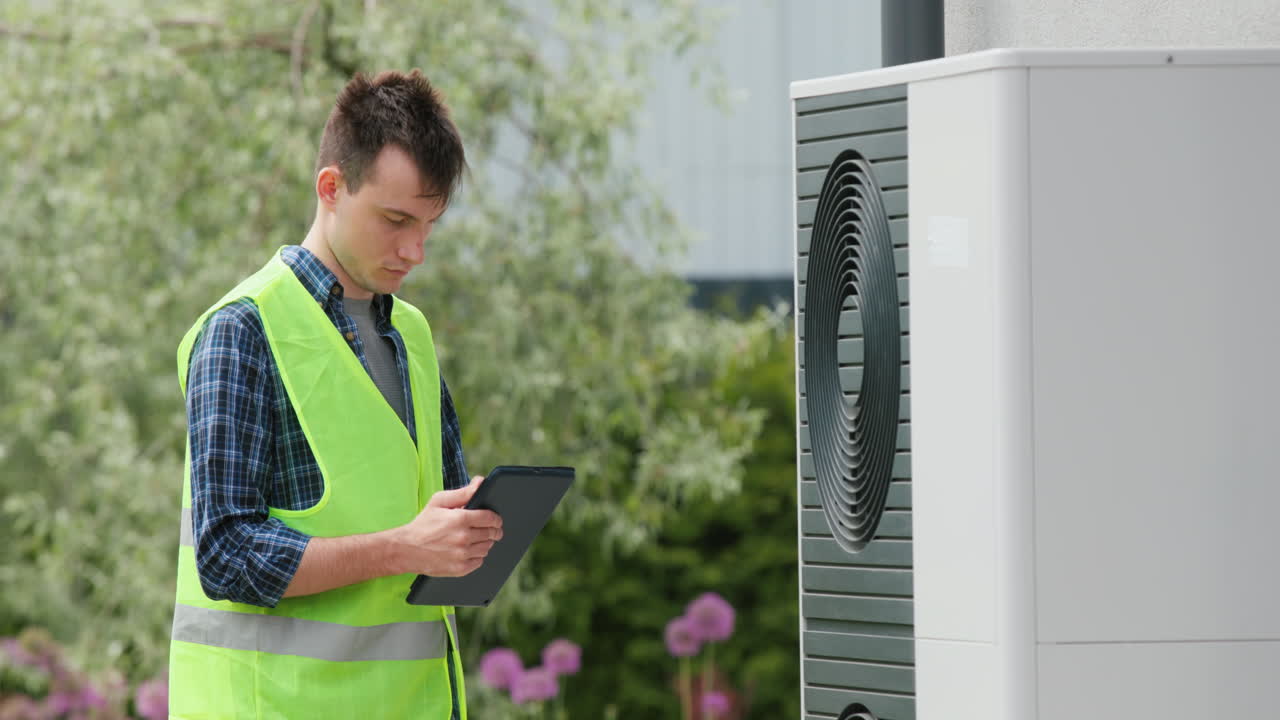 Engineer sets up a heat pump near a private house. Uses a tablet. 4k video