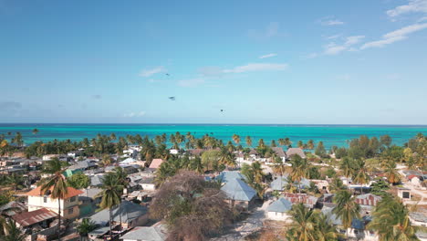 Aerial-view-of-tropical-village-with-lush-palms-by-turquoise-sea