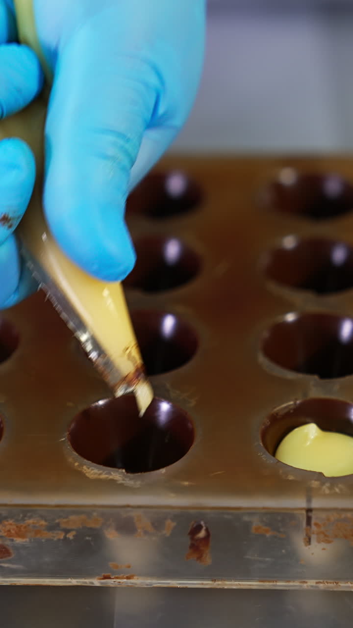 Filling molds covered in chocolate with white creamy staffing from pastry bag. Producing handmade chocolate desserts. Close up. Vertical video