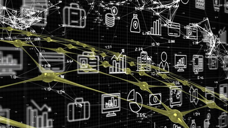 Animation of multiple digital icons and network of connections against black background