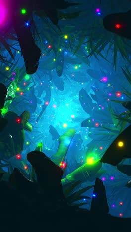 flying through foliage in a dark jungle with lots of colorful fireflies. vertical looped animation