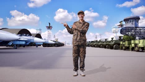 cuerpo lleno de hombre asiático soldado sonriendo y señalando a un lado mientras estaba de pie en el campamento militar