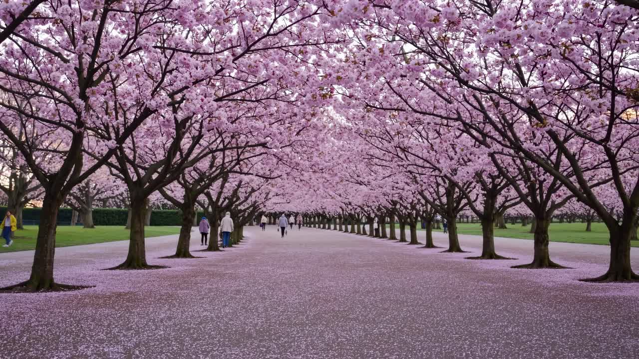 A serene, symmetrical view of a cherry blossom pathway, captured at eye level