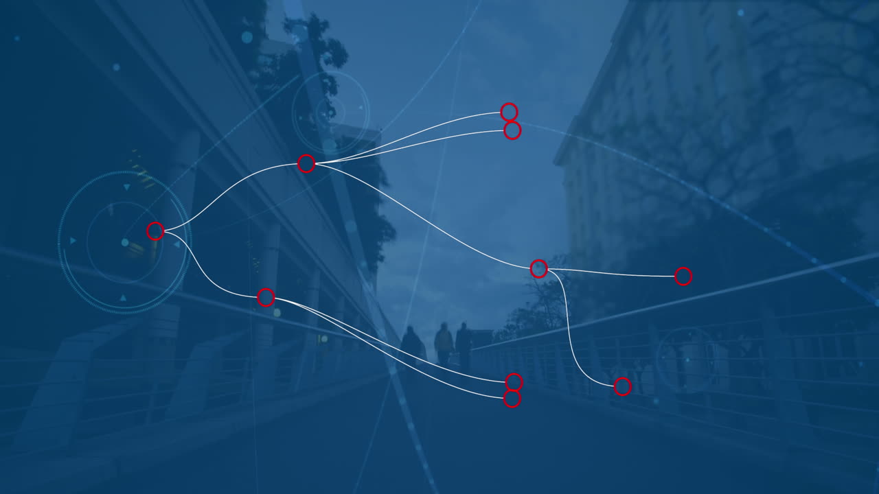 Animation of connecting dots against time-lapse of people walking on the city bridge
