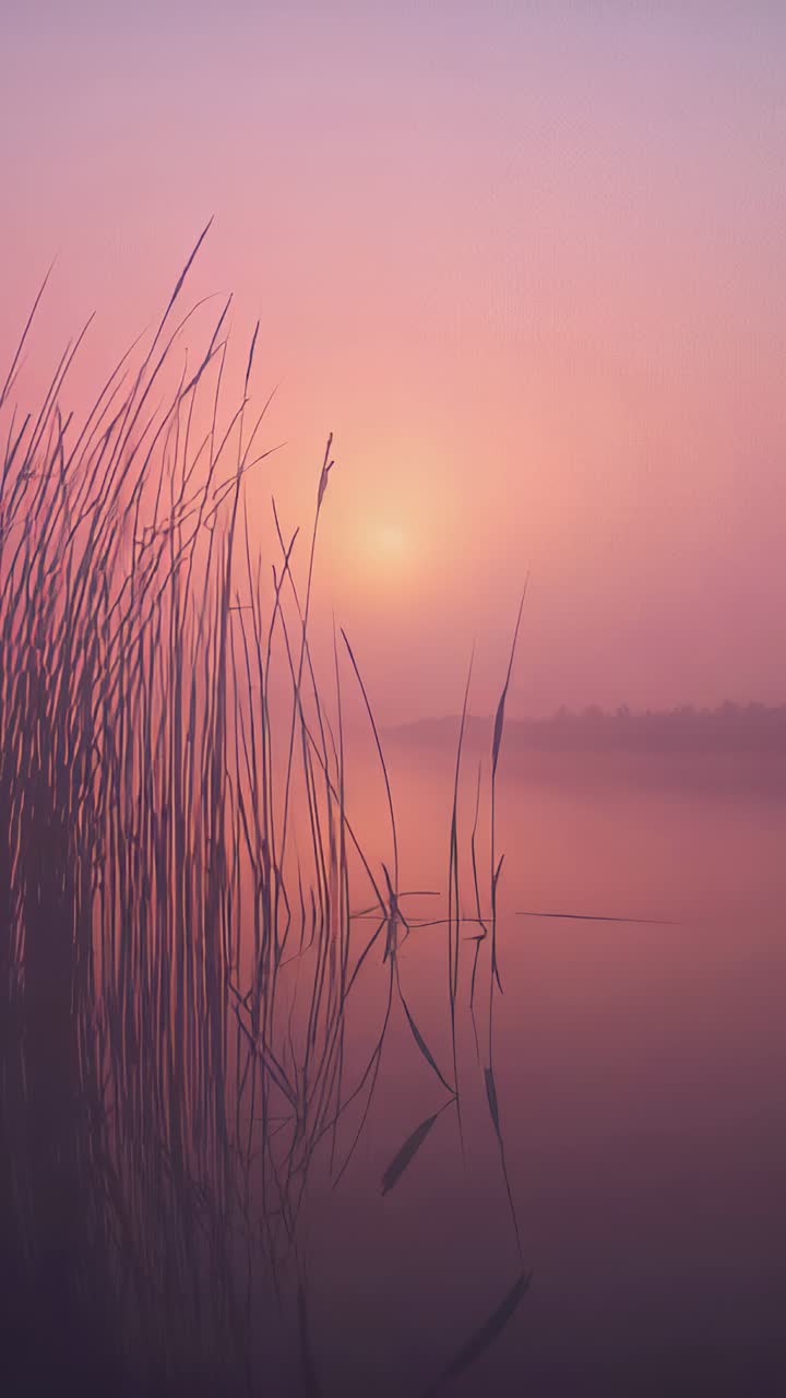 Vertical video: Sun rising nudging reeds swaying at lake, mist thinning, trees, ripples, copy space