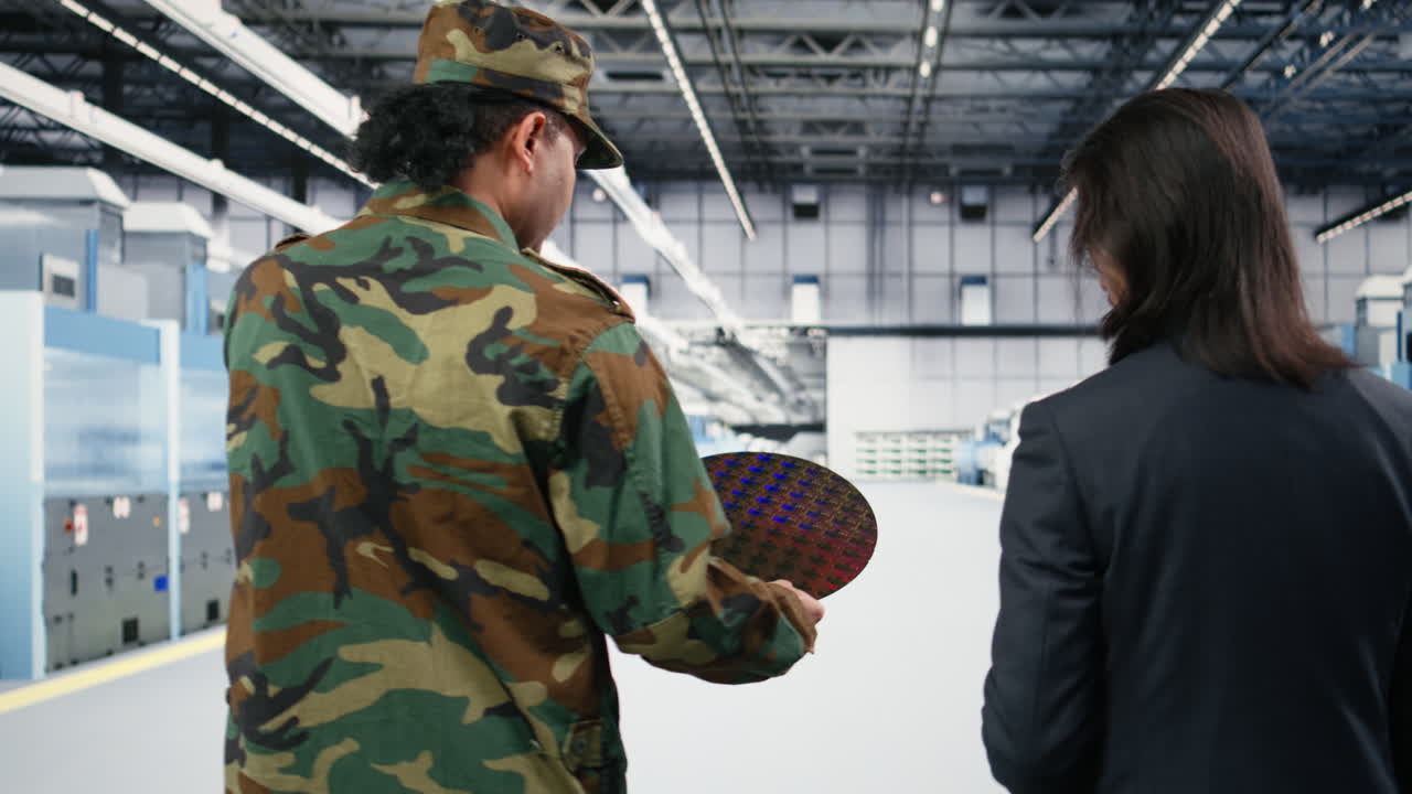 Soldato e ingegnere di fabbrica di microchip discutono del wafer di silicio