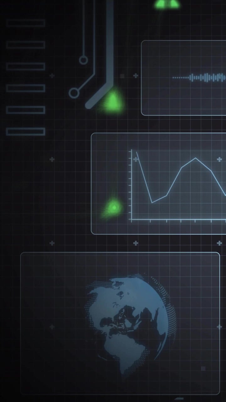 Vertical video: Green blip hitting panel edge causing graph rising, globe shifting, showing data