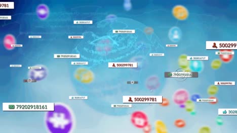 animation of media icons and data processing over globe
