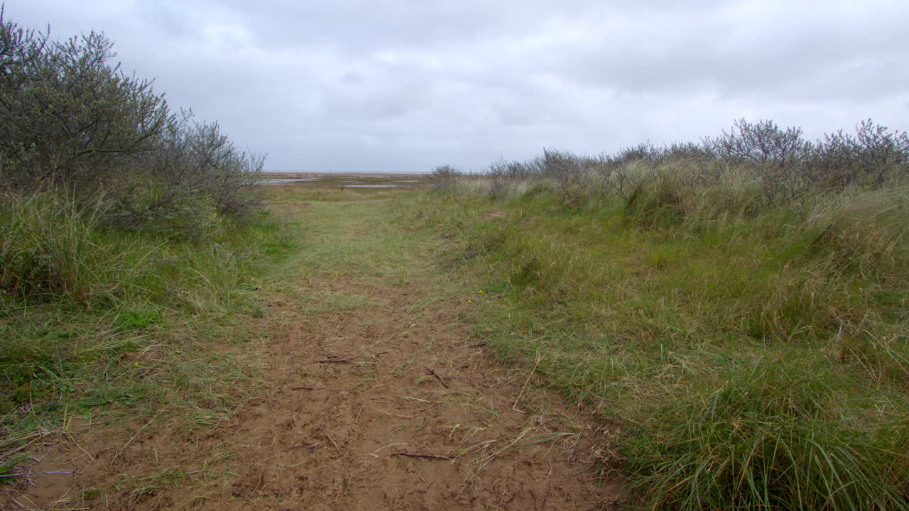 tomada amplia de un sendero de arena con llanuras de barro en el fondo en theddlethorpe, dunas, reserva natural nacional en saltfleetby