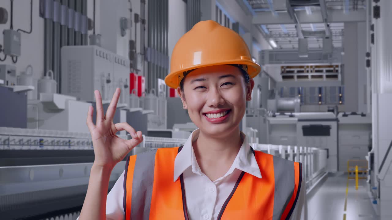 Close Up Of Asian Female Engineer With Safety Helmet Smiling And Showing Okay Gesture To The Camera At Pharmaceutical Factory, Vaccine Production Facility