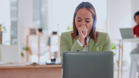 Laptop,-tired-and-a-business-asian-woman-yawning