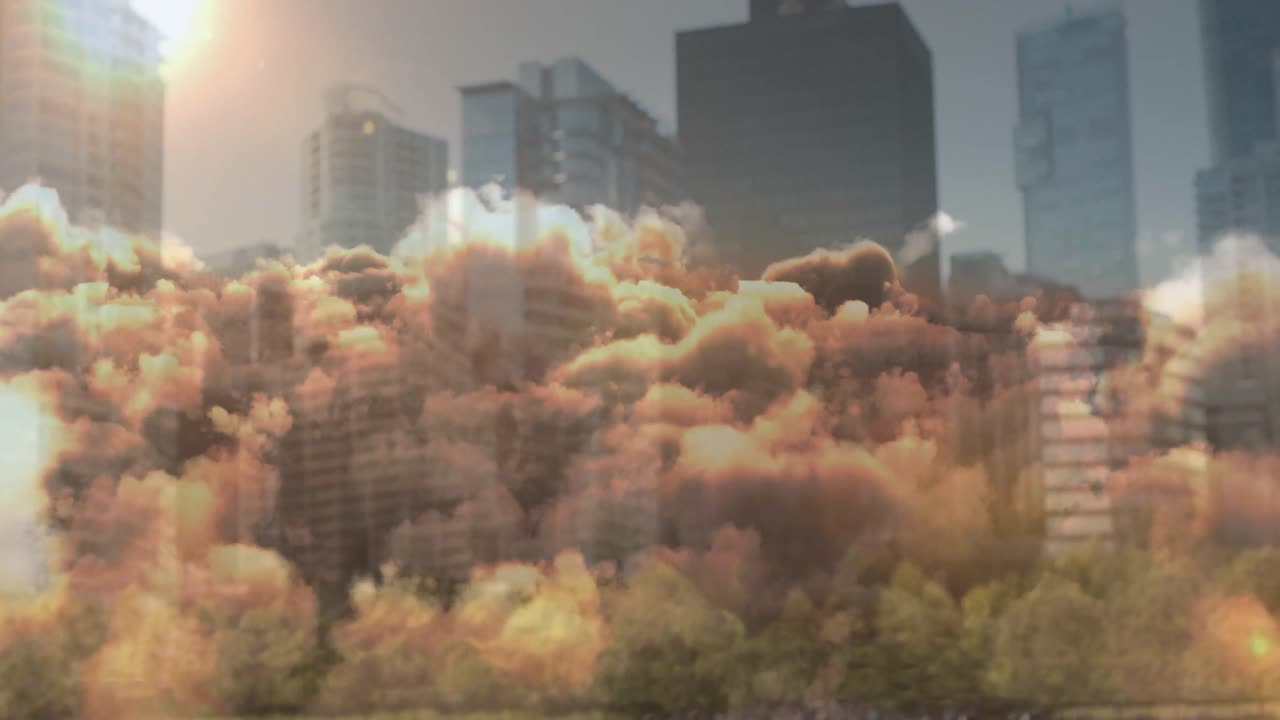 도시 풍경 위를 이동하는 구름과 반 ⁇ 이는 빛의 트레일의 애니메이션