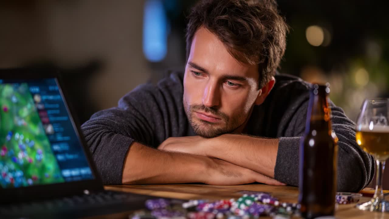 A reflective moment captured in two frames, showing a man engrossed in gaming while surrounded by a relaxing atmosphere of drinks and poker chips, highlighting the allure and tension of online gaming and wagering