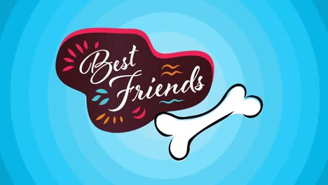 animation of bone and text, best friends, on blue concentric circle background