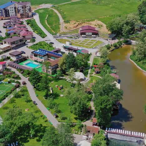resting area in nature. recreation complex with various attractions for healthy lifestyle. relax center among nature landscape. aerial view.