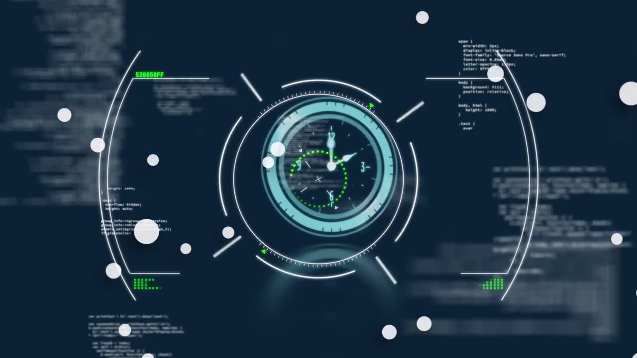 Animation of scope scanning and clock over data processing on black background
