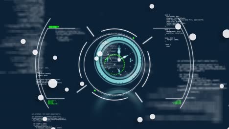 animation of scope scanning and clock over data processing on black background