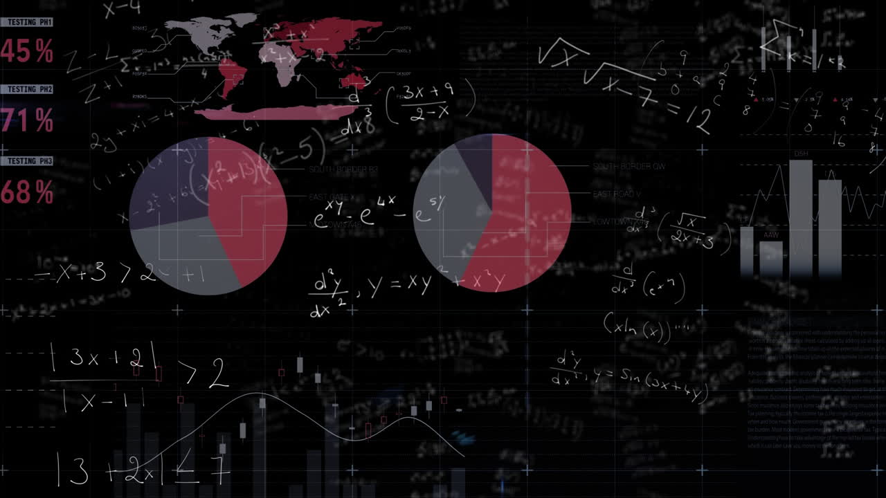 Financial data processing against mathematical equations on black background