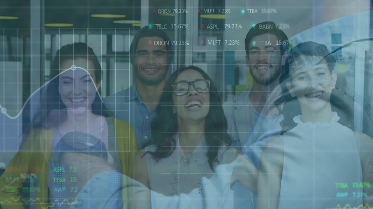 Smiling diverse group with stock market data animation overlay in background