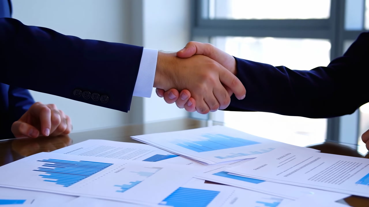 Closeup White Hands Shaking Over Documents With Blue Charts And Reports Spread Across Table Advisor