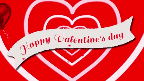 animation of happy valentines day text over balloons and hearts