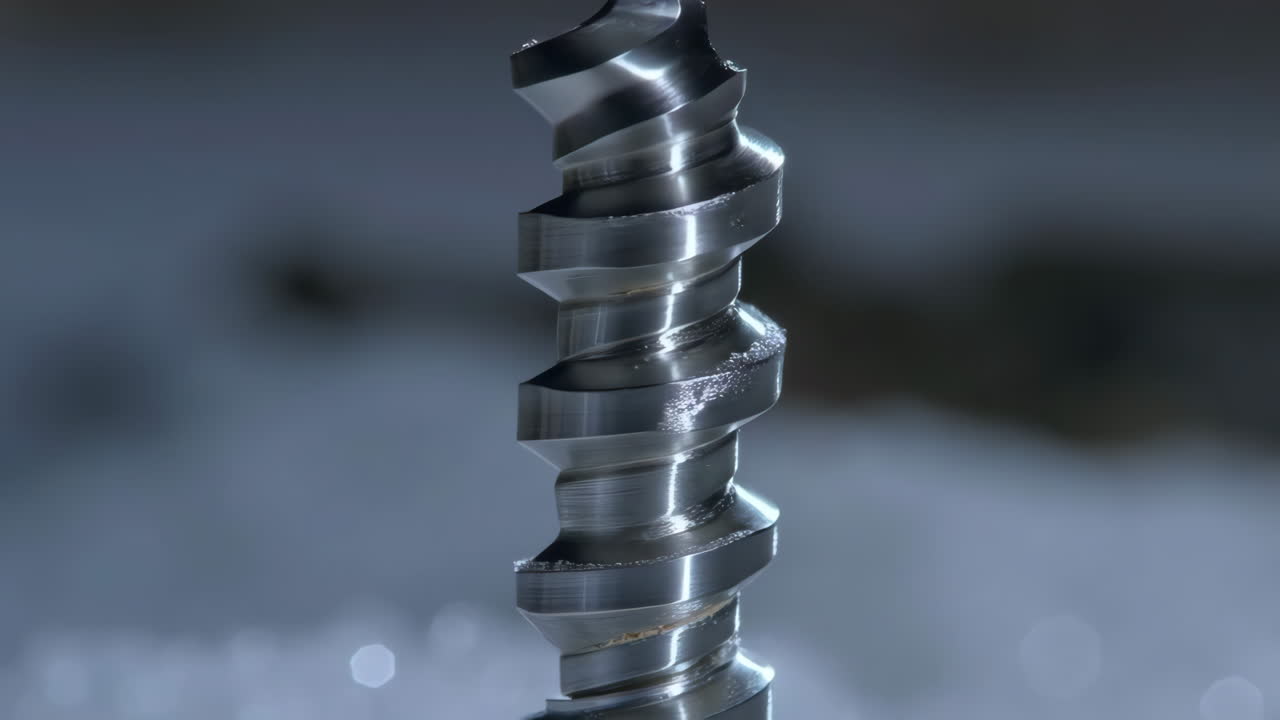 Close-up of a rotating metal screw or drill bit
