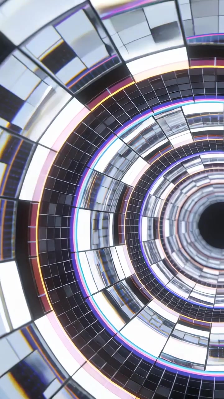 Video vertical: La cámara comienza a orbitar un túnel giratorio con azulejos de espejo en un laboratorio CGI, revelando anillos de neón.