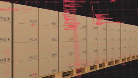 animation of data processing over cardboard boxes on conveyor belt in warehouse