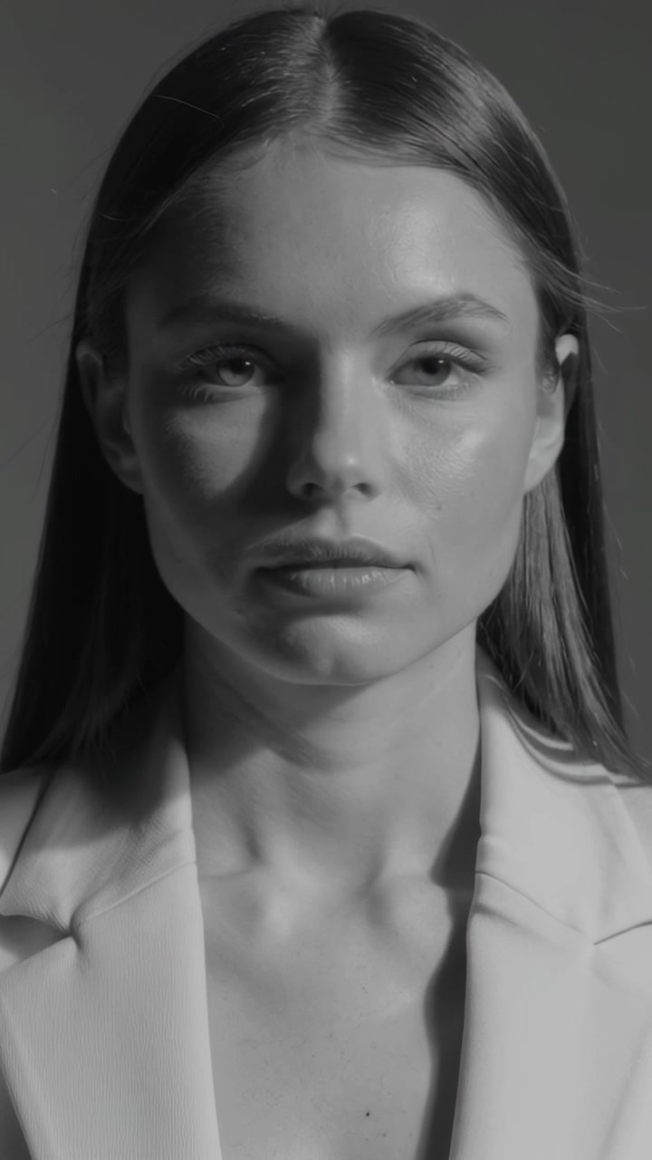 Vertical video: Making shifts model holding pose for portrait, camera rolling, wearing light blazer