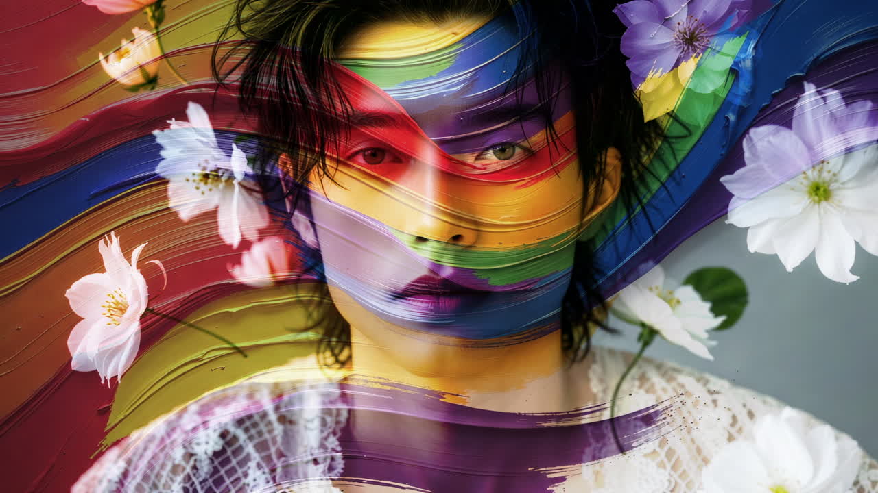Vibrant Portrait with Rainbow Paint Strokes and Flowers
