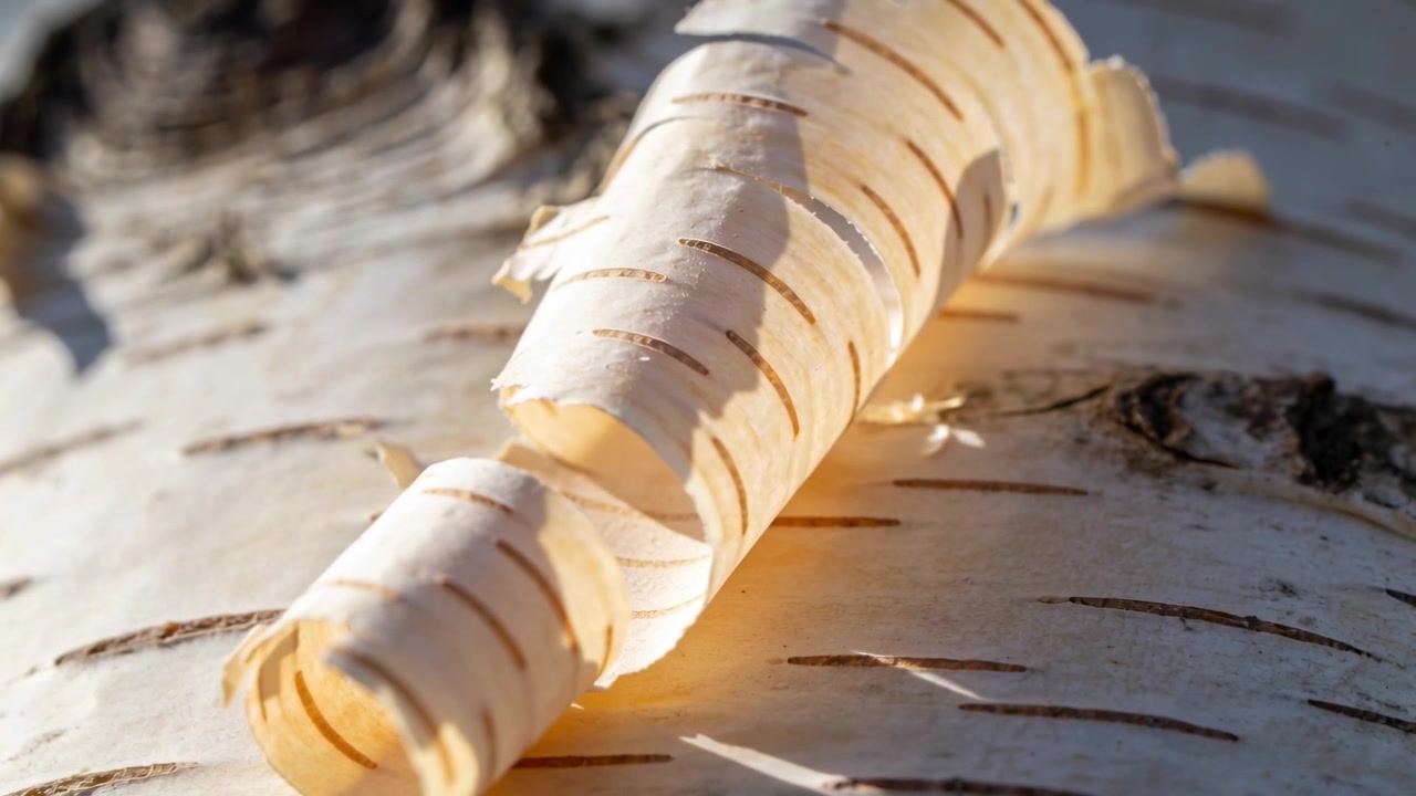 Striscia di corteccia di betulla che si arriccia, ruotando su un tronco di betulla vicino a un nodo e a delle venature, con la luce calda del sole che accarezza l'arricciatura.