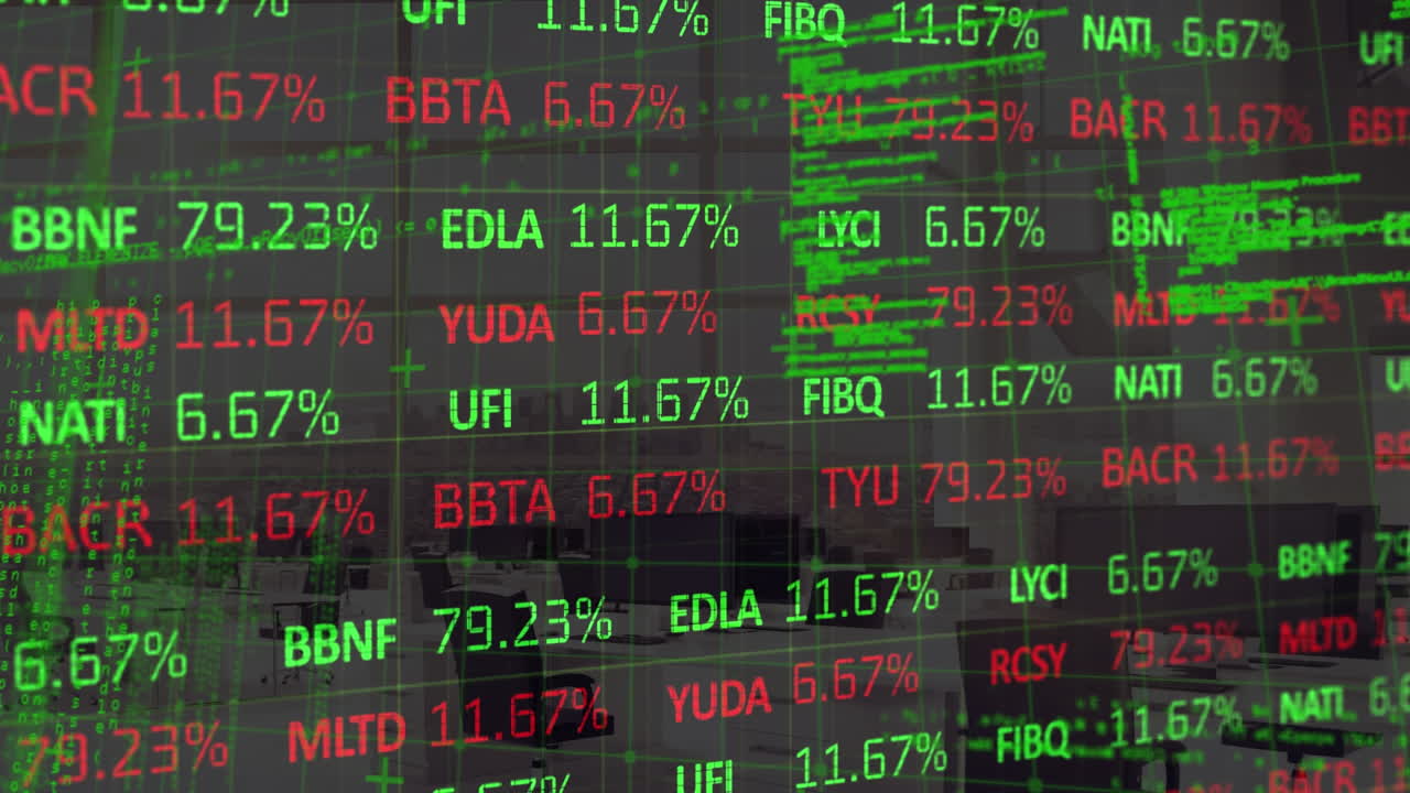 Animazione di elaborazione dati finanziari e testi su un ufficio vuoto