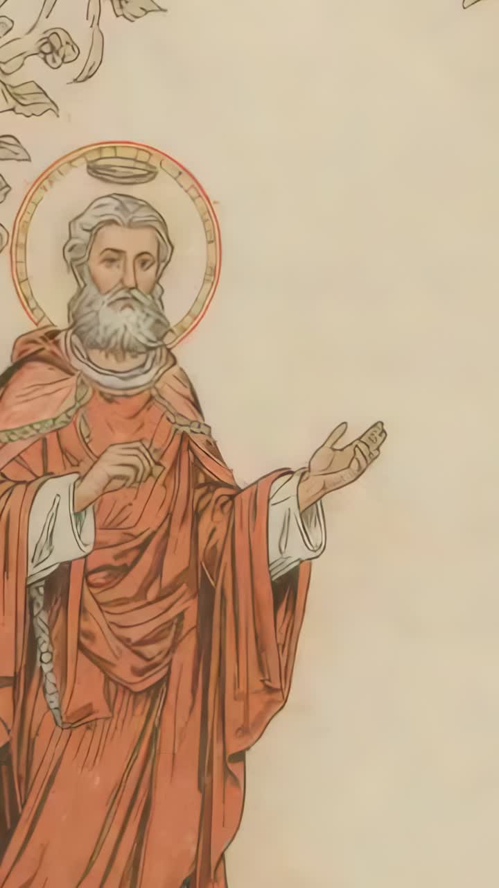 Vertical video: Glow emerging by saint's hand filling halo obscuring saint on parchment background