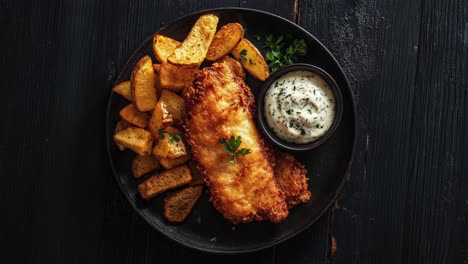 crispy fish and chips on black wooden plate with sauce