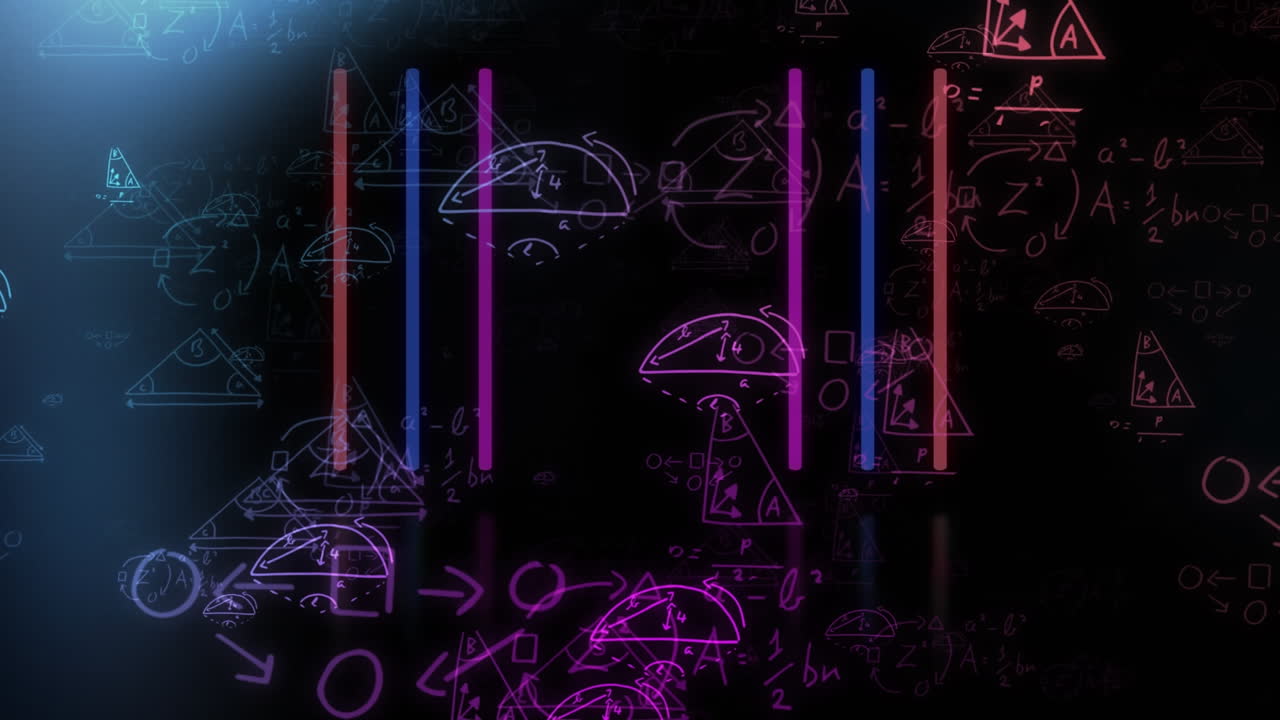 animación de ecuaciones matemáticas y dibujos geométricos sobre rayas de neón.