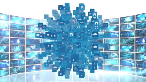 animation of a globe made of technological icons spinning over multiple screens