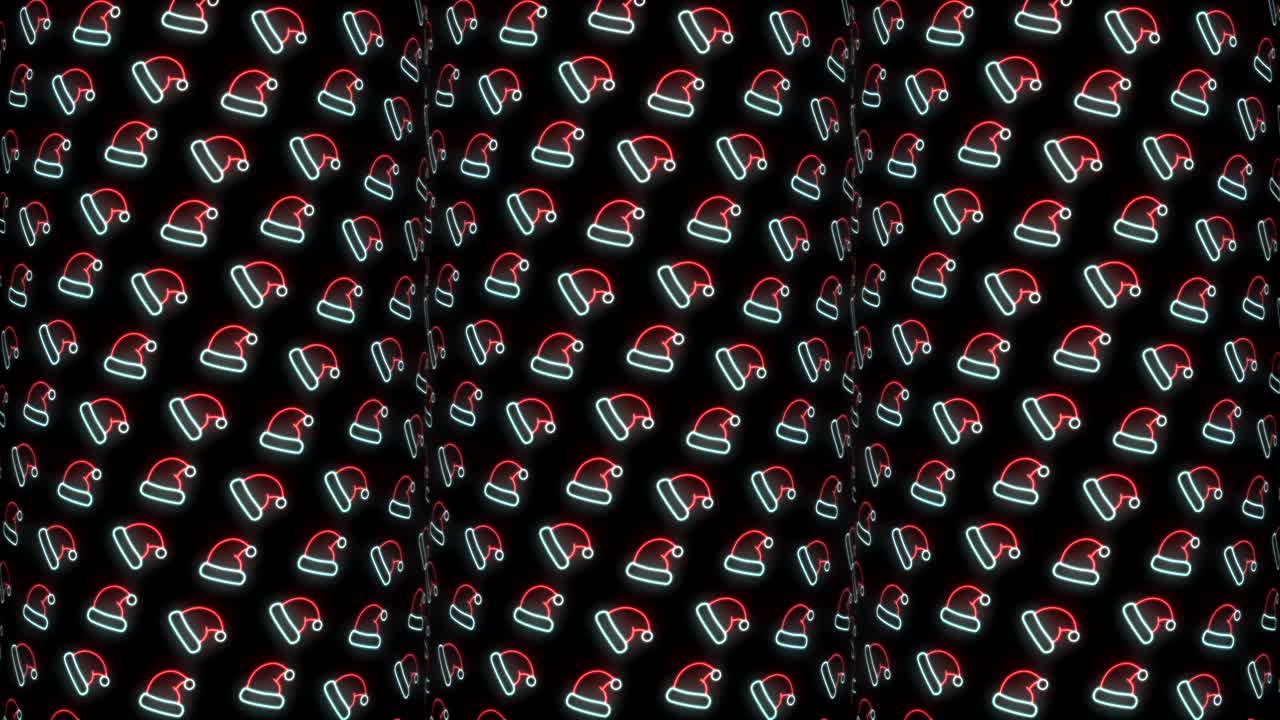 빨간색 흰색과 검은색 루핑 애니메이션에서 산타 모자의 네온 크리스마스 패턴 배경