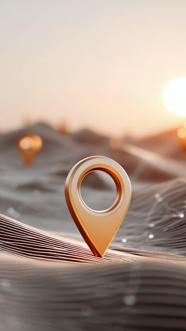 Golden Location Pin on Abstract Wavy Terrain with Sunset Glow: A Symbol of Navigation and Discovery in a Modern Digital Landscape